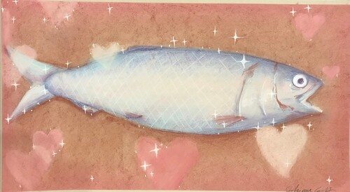 A pastel drawing of a dead fish with a pink heart gitter filter over it.